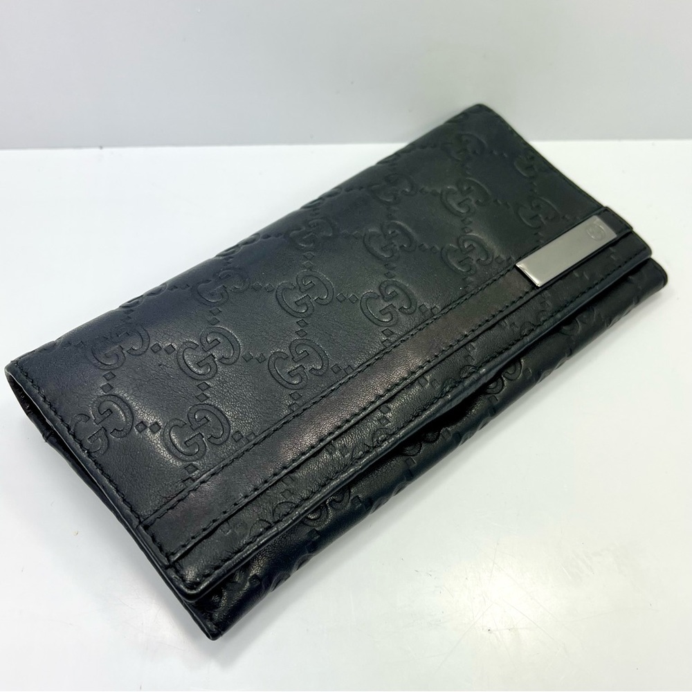 Gucci Guccissima Black Embossed long leather Wallet w/chain